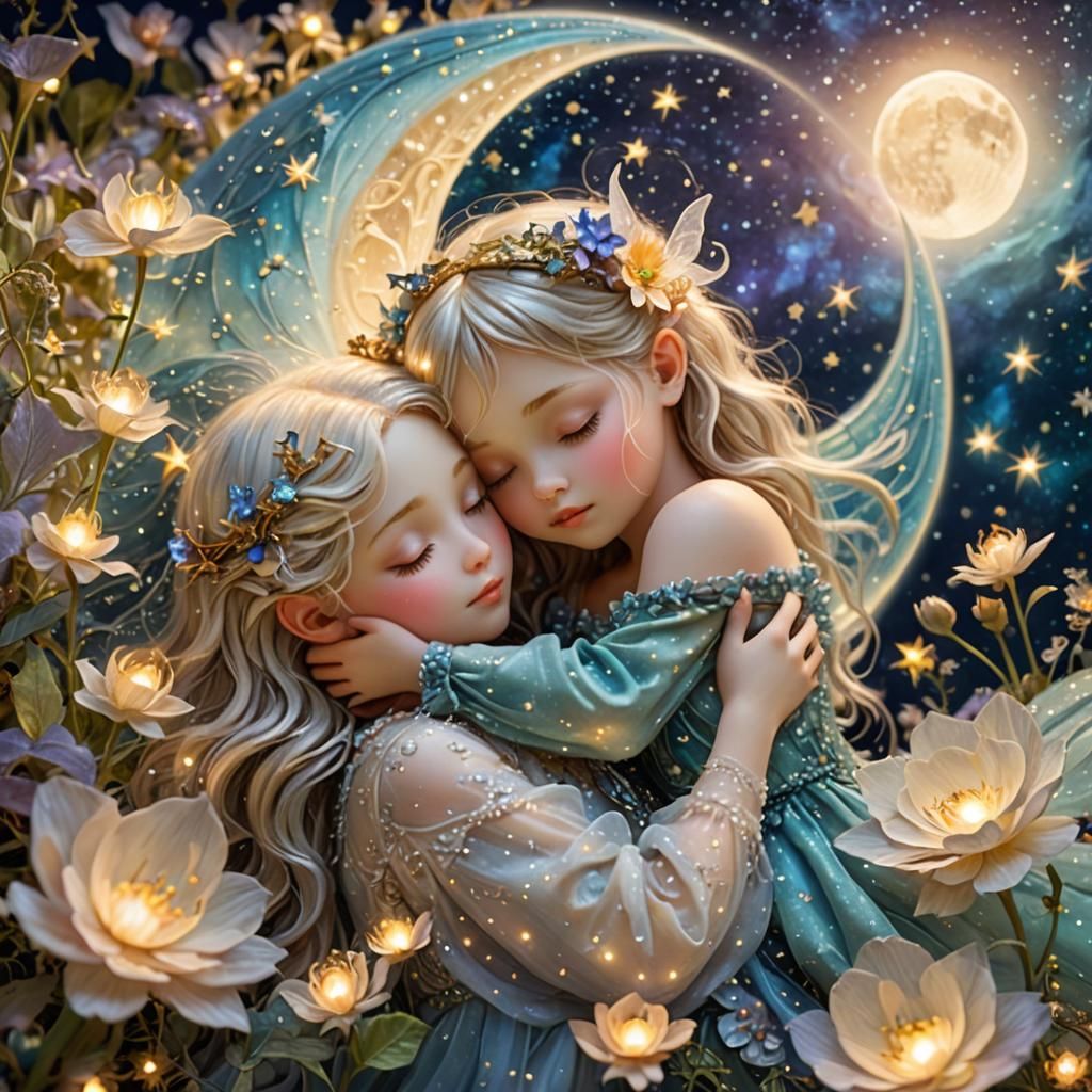 Fairies Sleeping on Bioluminescent Moon in Galaxy