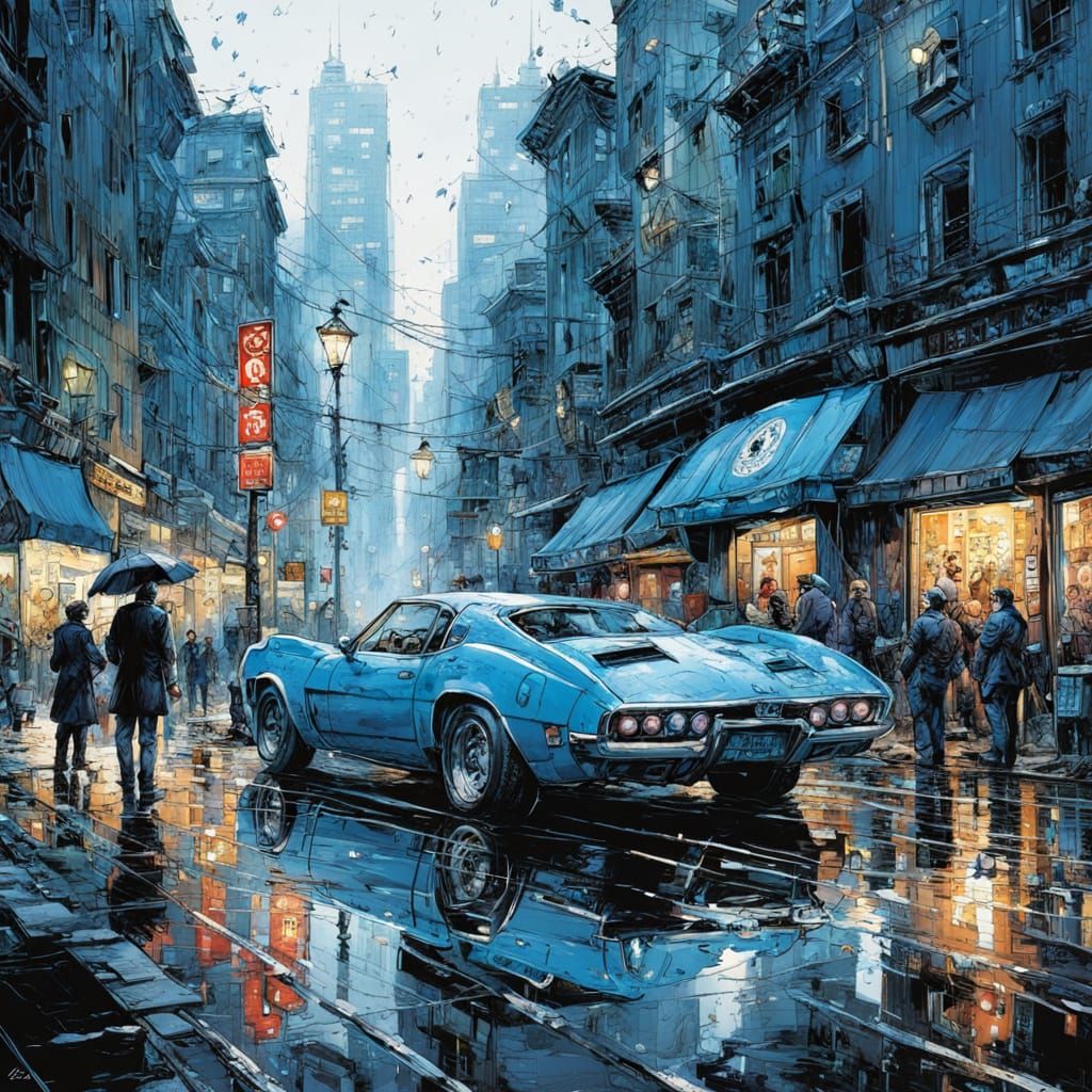 Blue Cityscape in Impressionistic Style