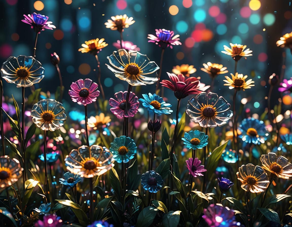 Glass Flowers in Solarpunk Style with Bokeh