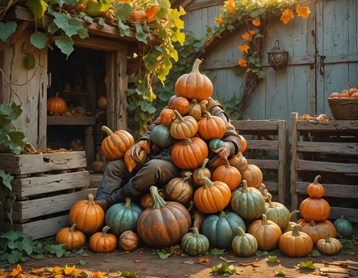 Farmer Napping Amidst Gourds: Renaissance Fantasy Art