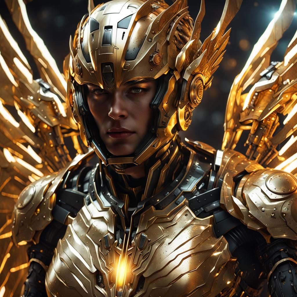 Cybernetic Superhero with Lightning Powers and Angel Wings