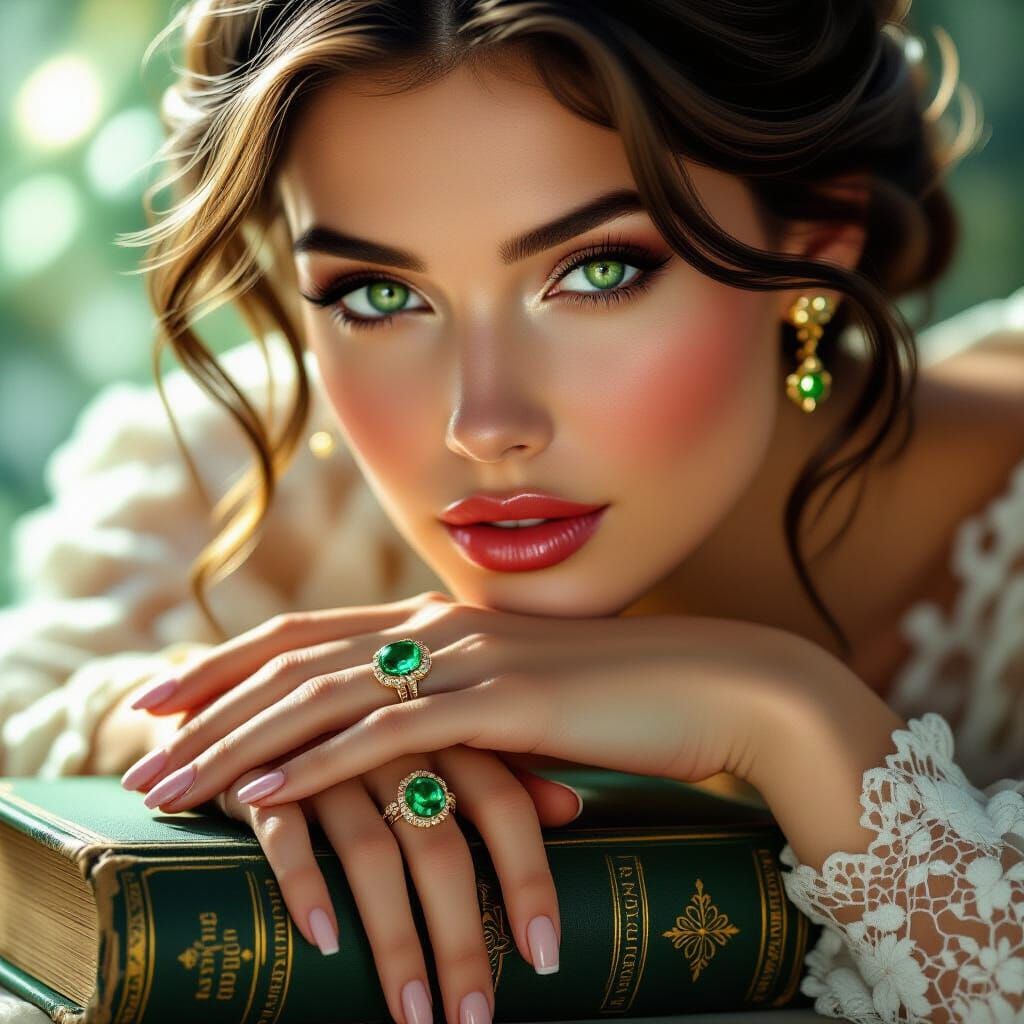 Emerald Ring Portrait in Art Nouveau Style