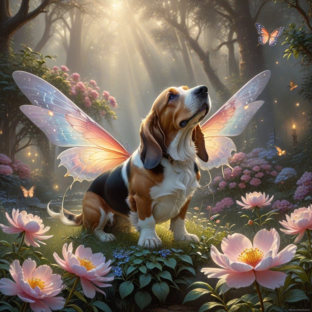 Basset Hound with Butterfly Wings Above Peony - Fantasy Art