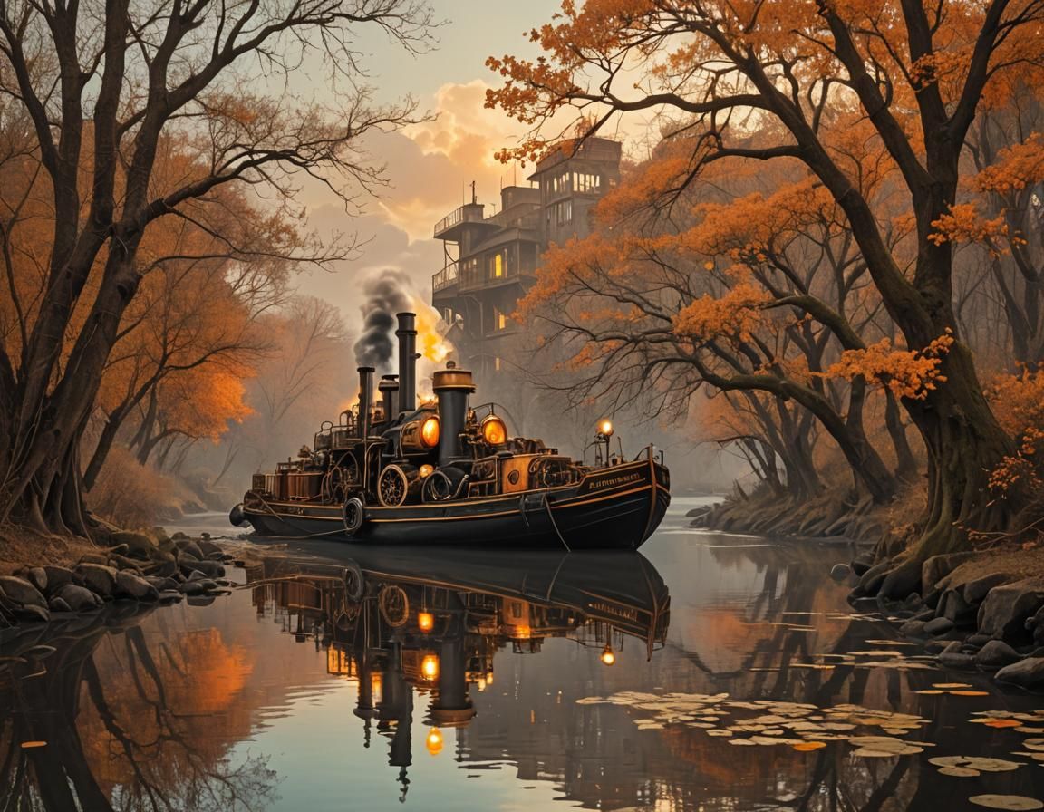 Surreal Steampunk River Scene with Kaleidoscope Eyes