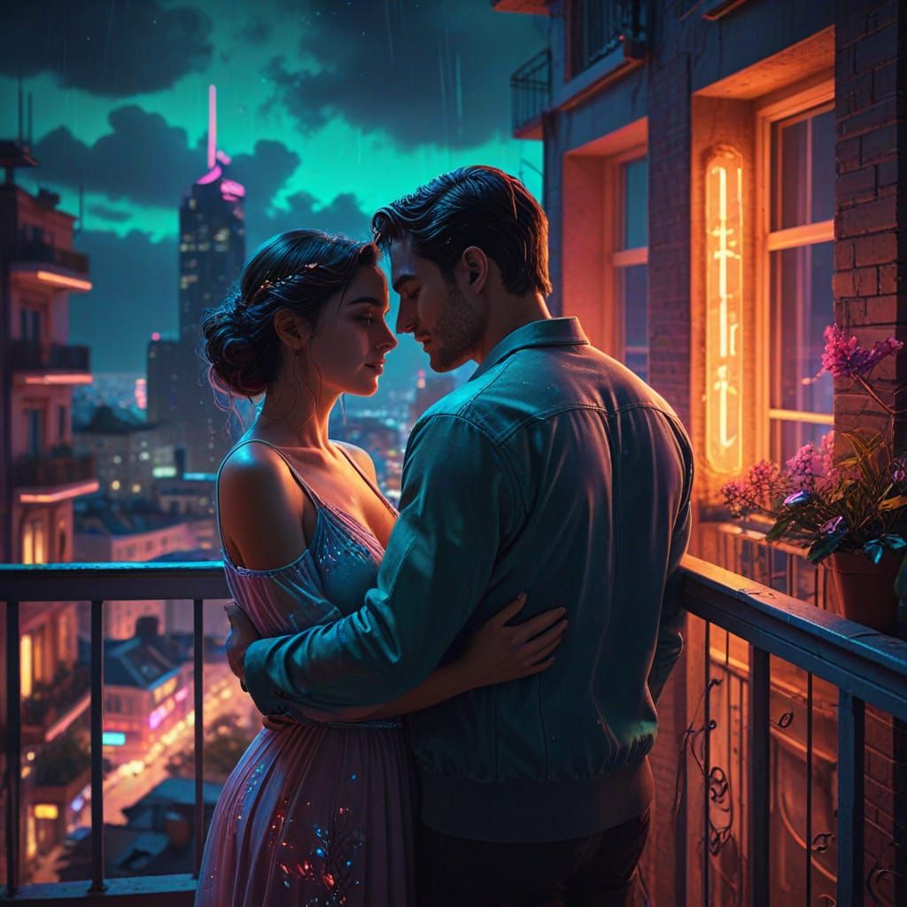 Couple Embraces on Balcony Overlooking Neon Retro-Futuristic...