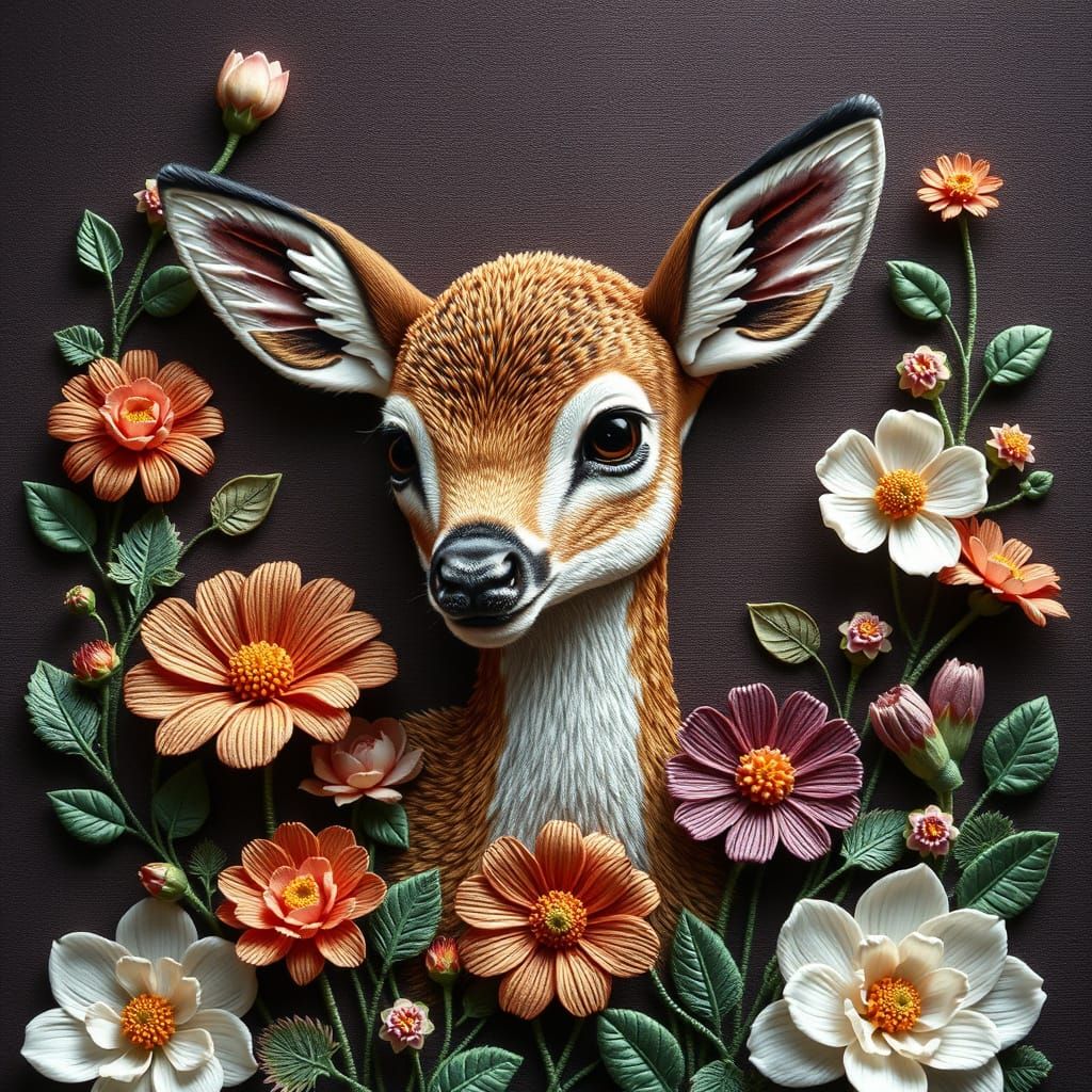 Beautiful Baby Deer Portrait in Vibrant Embroidery Style
