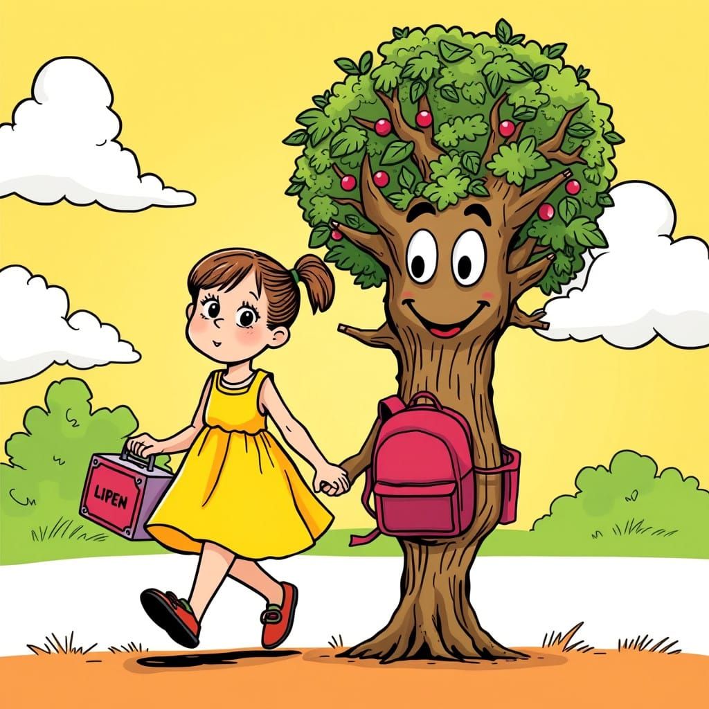 Whimsical Schoolgirl and Tree Friend Embark on First Day
