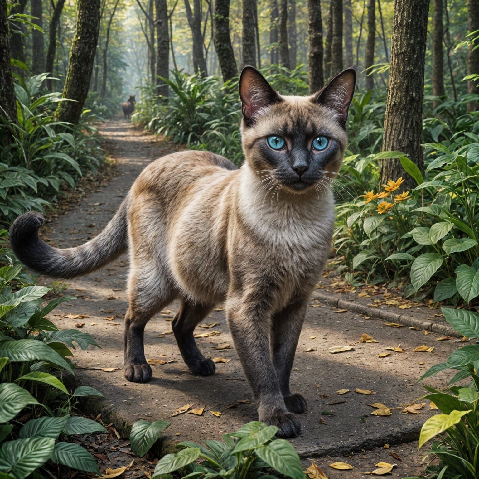 Siamese Cat Patrols Forest Path in Detailed Matte Painting