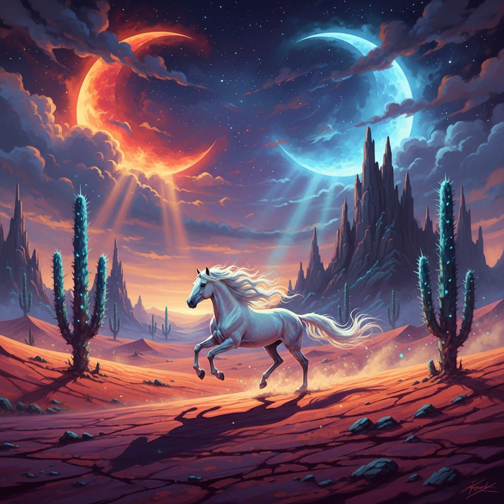 Majestic White Horse in Alien Desert Landscape
