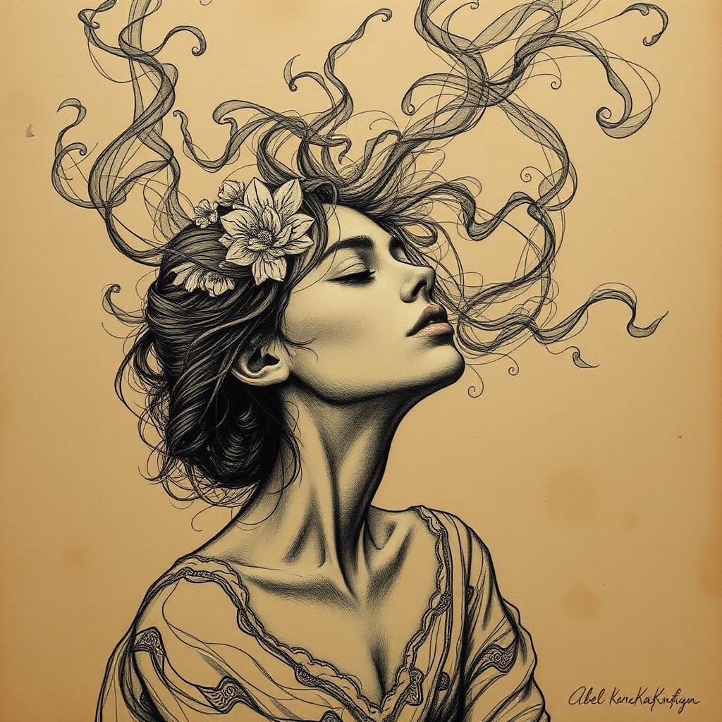 Introspective Woman in Ethereal Smoke: Detailed Sketch