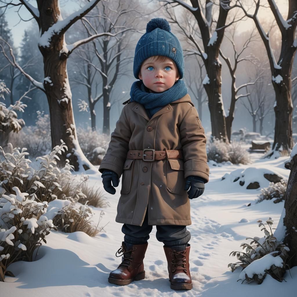 Young Boy in Winter Snowscape: Matte Painting