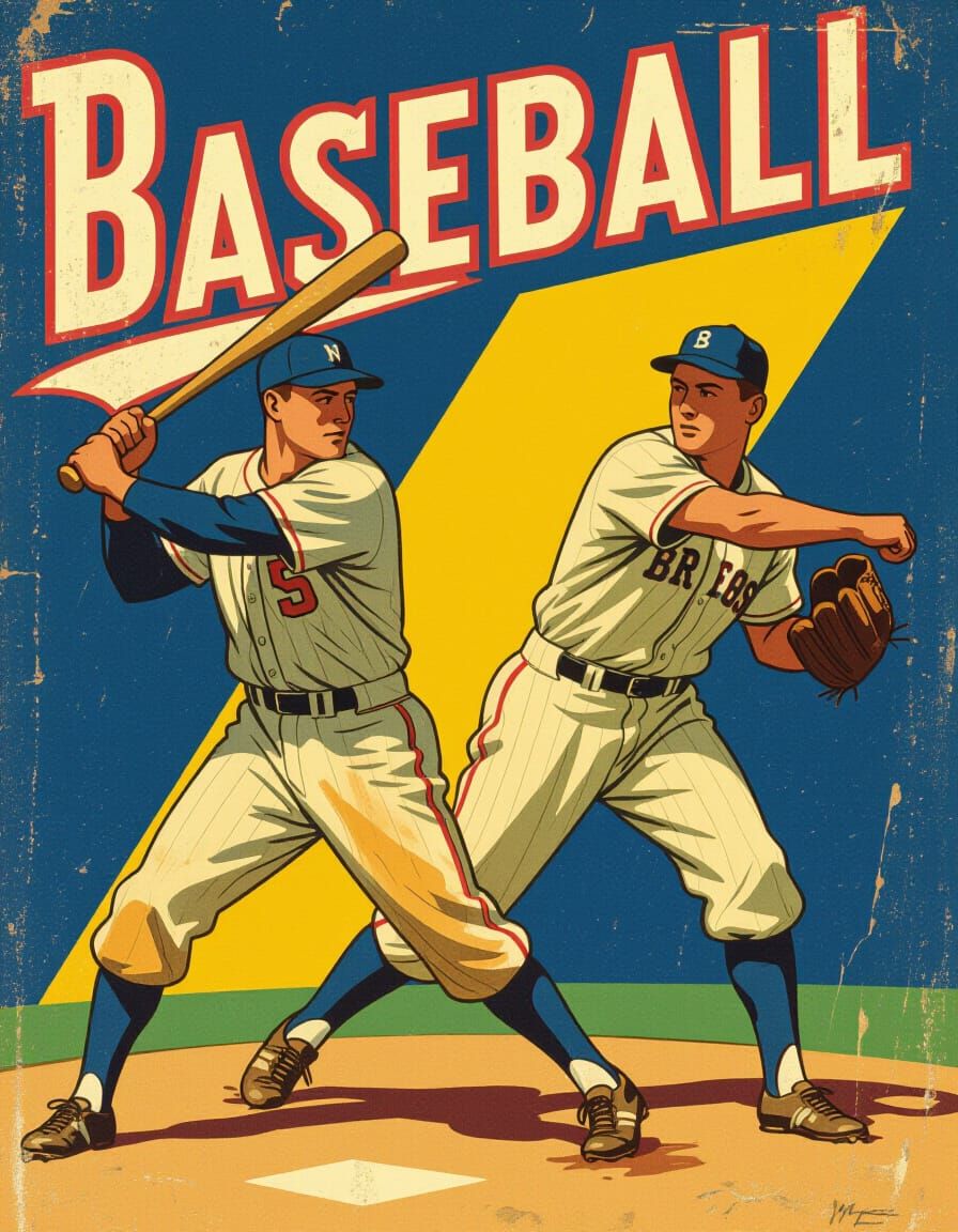 Vintage Baseball Players in Dynamic 1950s Illustration