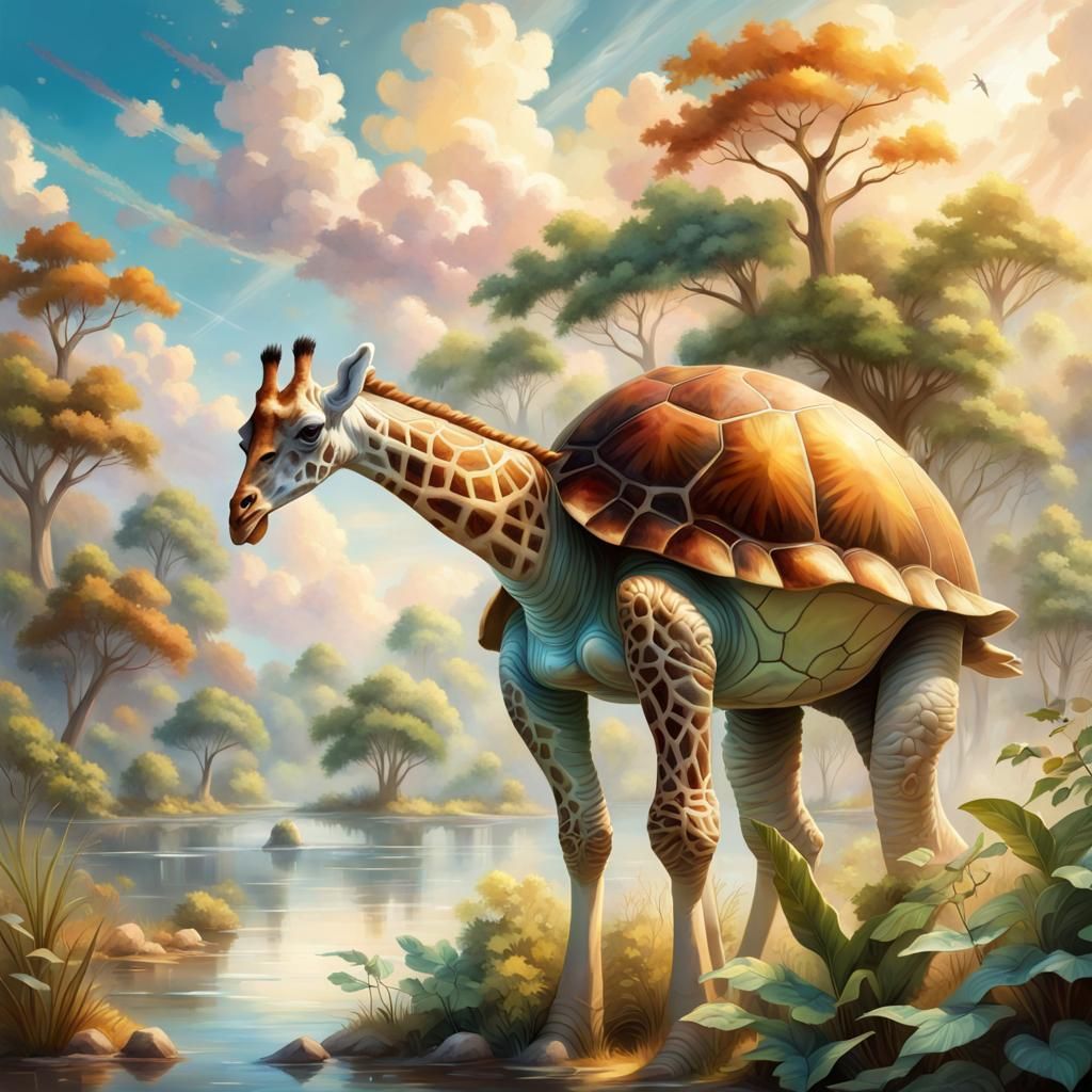 Fantasy Turtle-Giraffe Hybrid in Jungle, 3D Painting