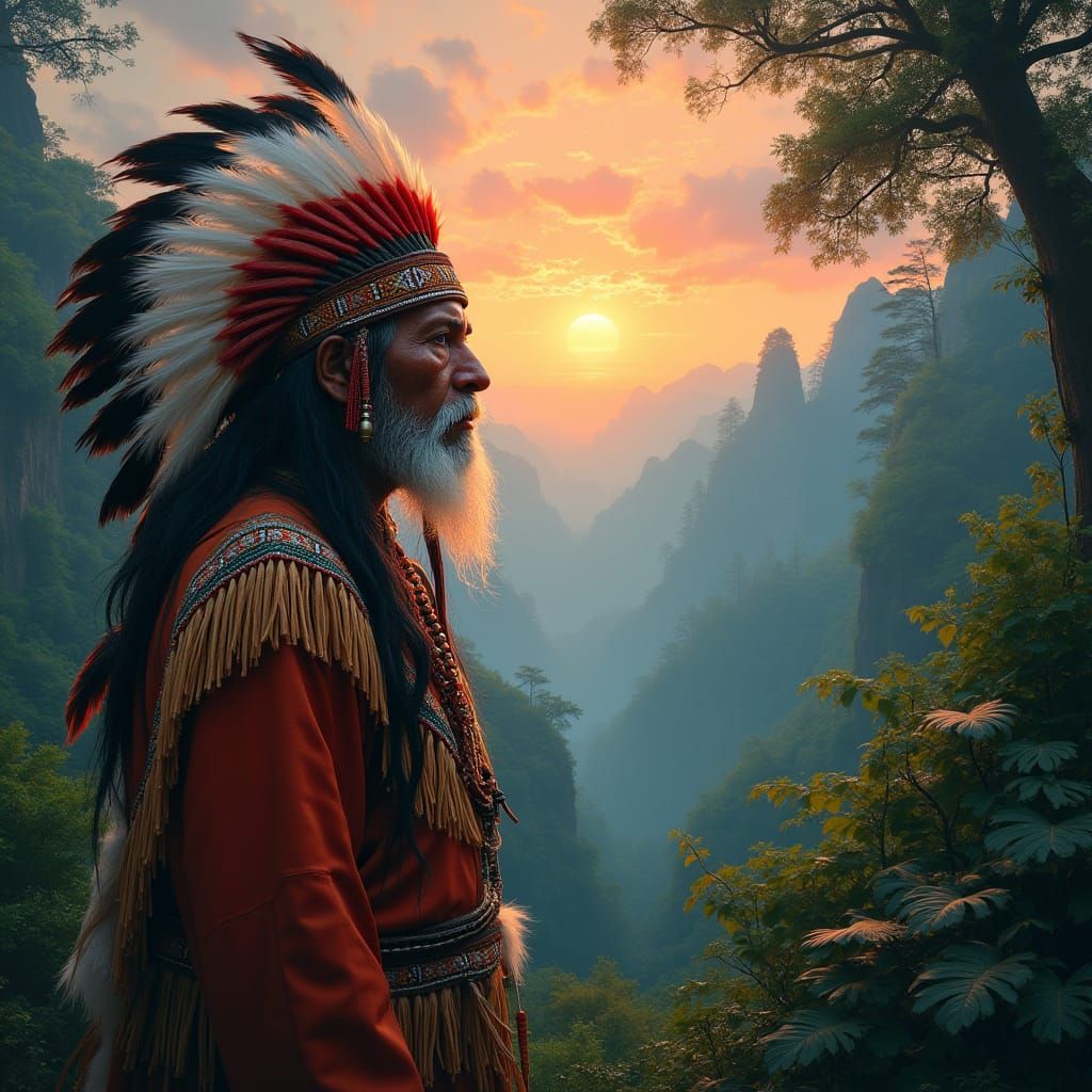 Shaman Amidst Vibrant Rainforest Sunset
