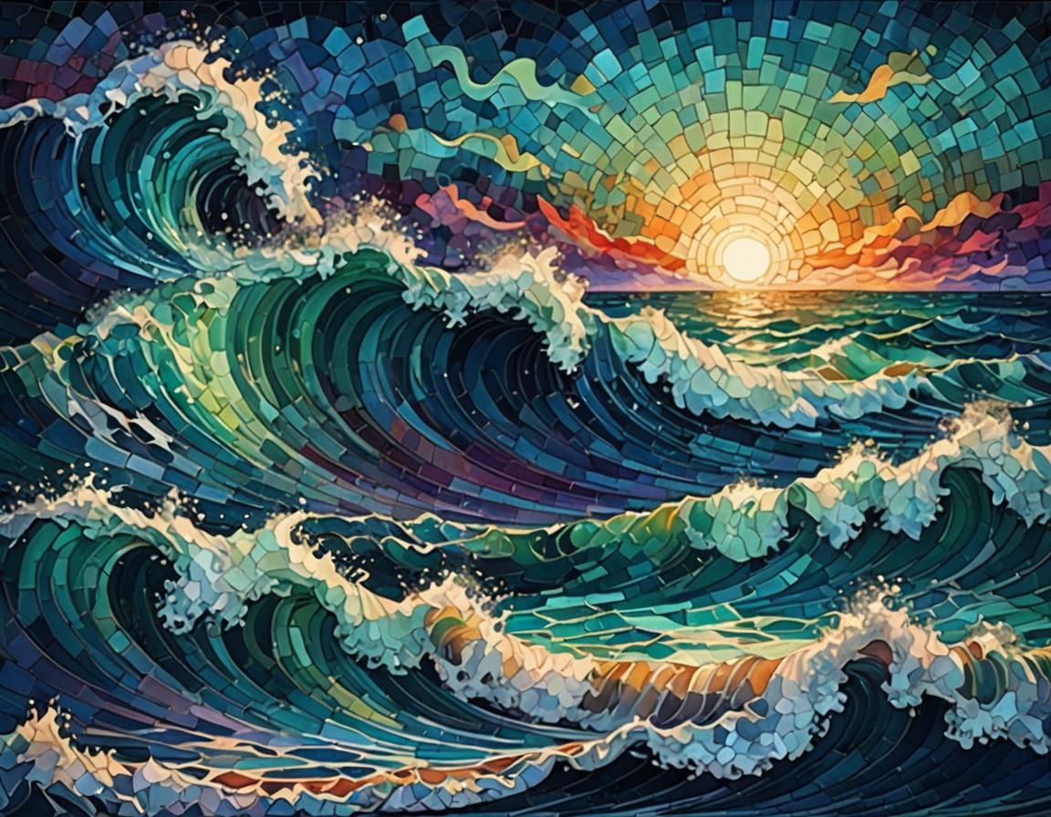 the ocean with huge waves,  gradient ombre colors only, intricately detailed folk art maximalism collage mosaic detailed...