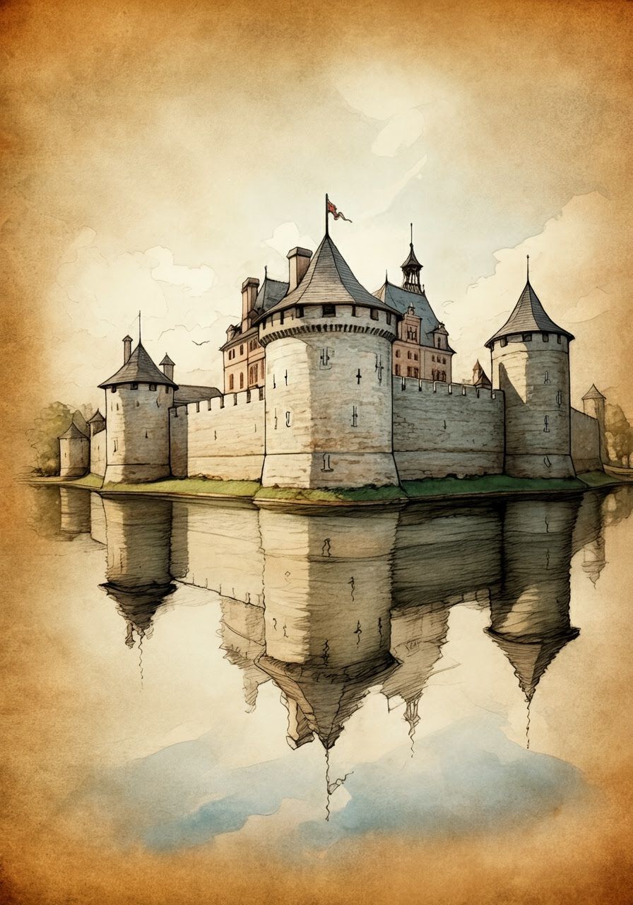 Medieval Fortress Watercolor and Pencil Drawing