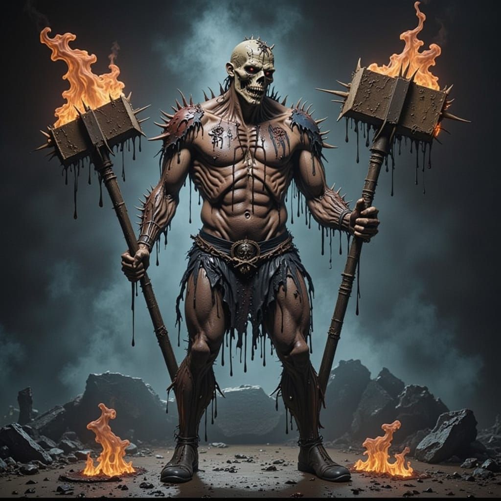 Dark Cyberpunk Warrior Charging with Spiked Hammer