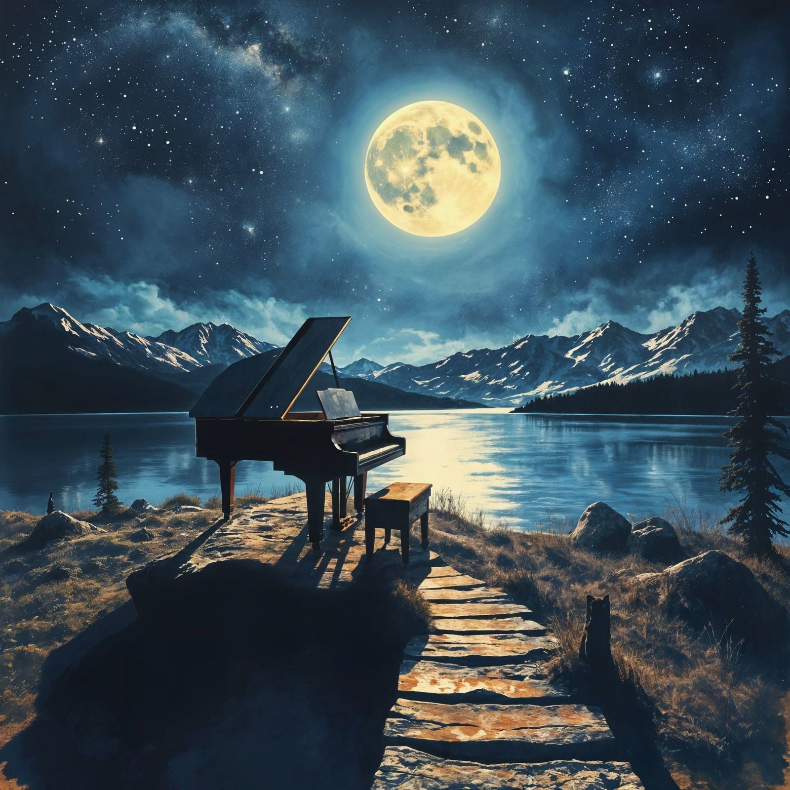 Moonlit Piano: Expressionist Digital Art