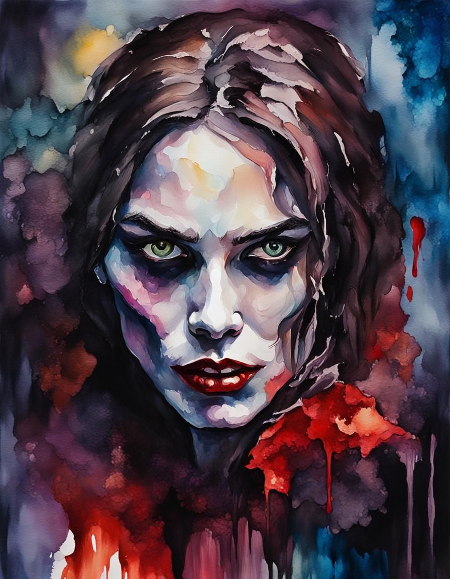 Female Vampire Portrait in Gouache and Watercolor Style