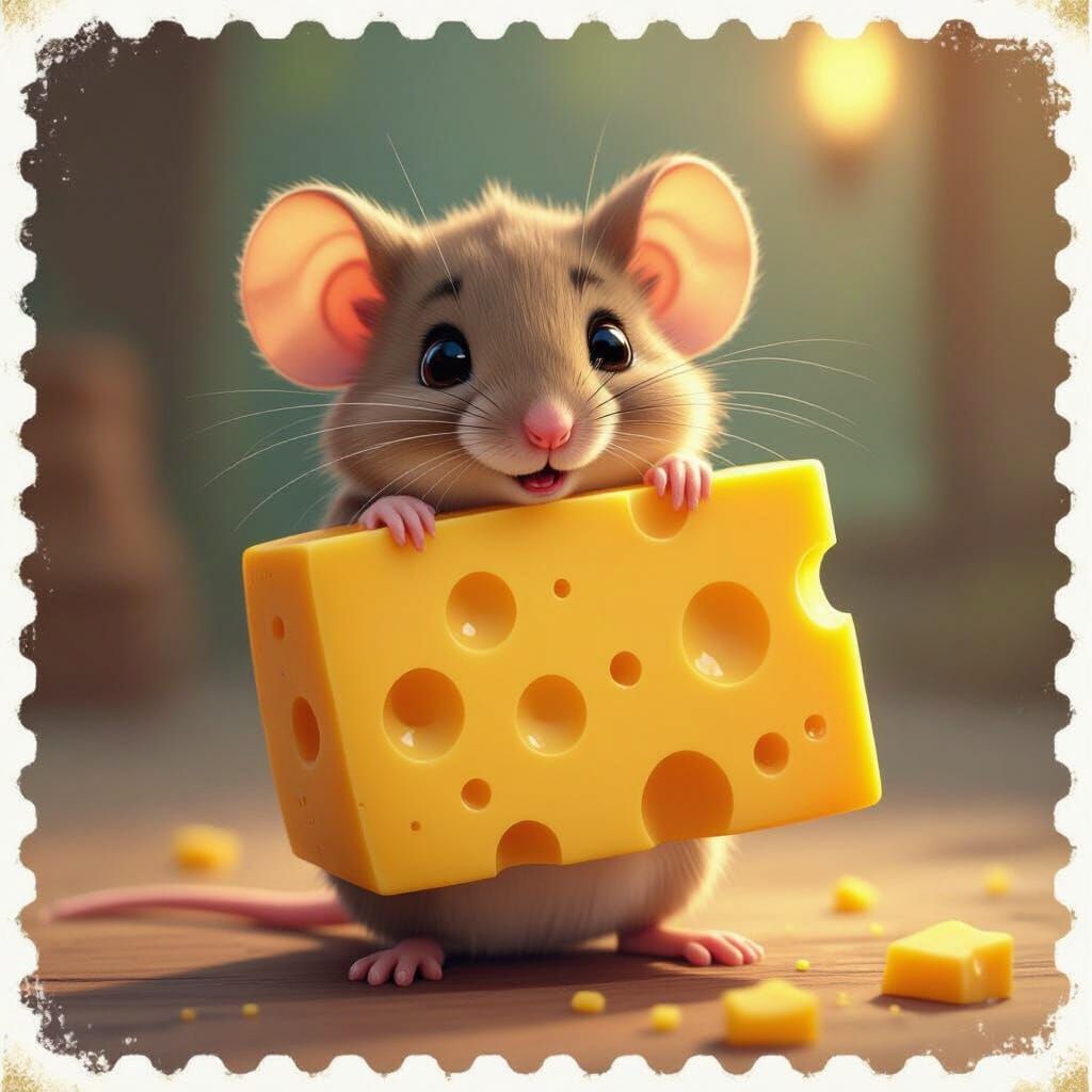 Shy Mouse with Cheese in Kawaii Cartoon Style