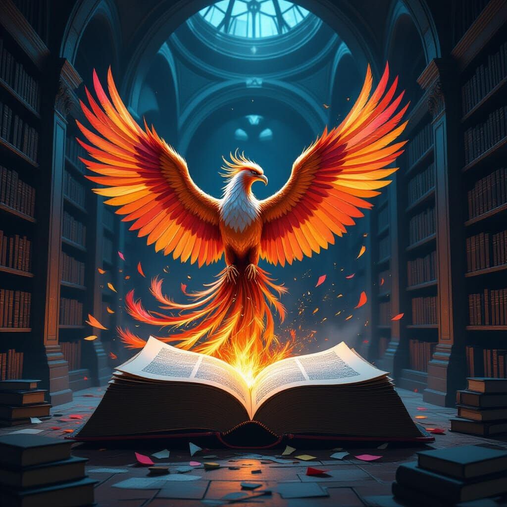 Majestic Phoenix Erupts From Ancient Tome in Dark Fantasy St...