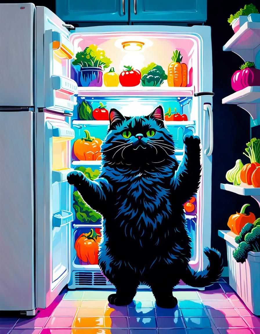 Chibi Fat Cat in Retro Kitchen