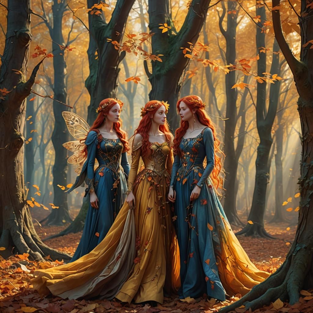 Autumn Fairies in Enchanted Forest: Fantasy Matte Painting