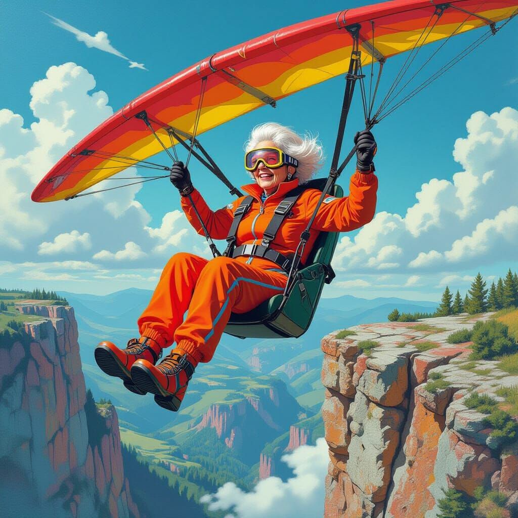 Elderly Woman Hang Gliding: Street Art and Oil Gouache