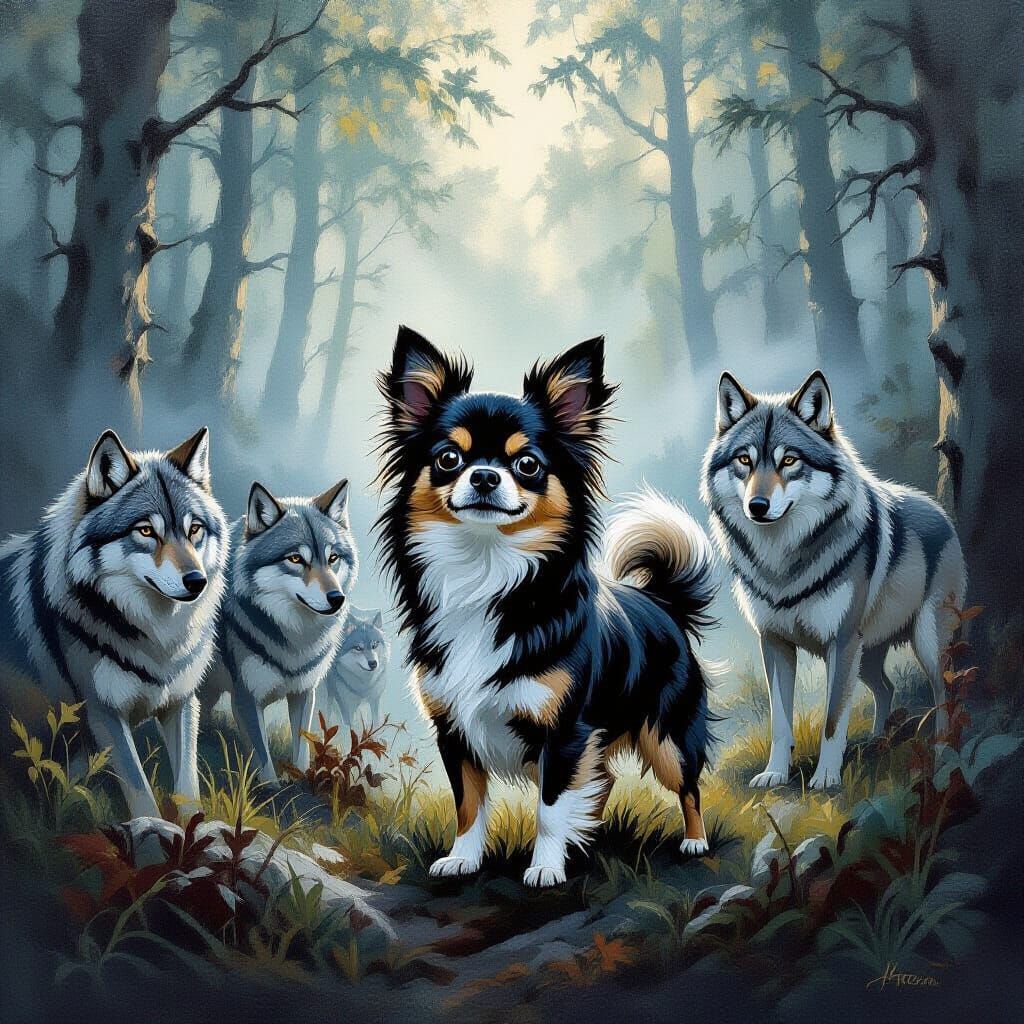 Chihuahua Bravely Guards Wolves in Misty Forest