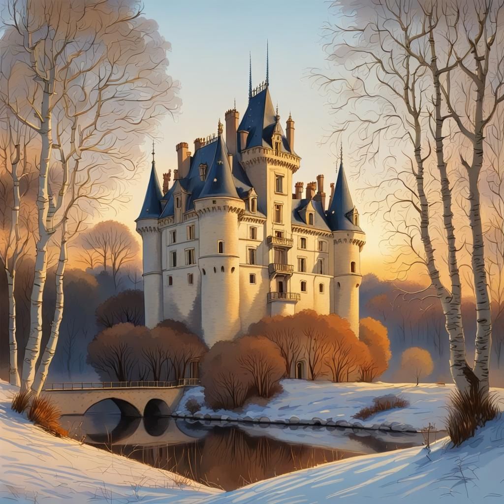 French Renaissance Castle in Winter, Gouache Sketch