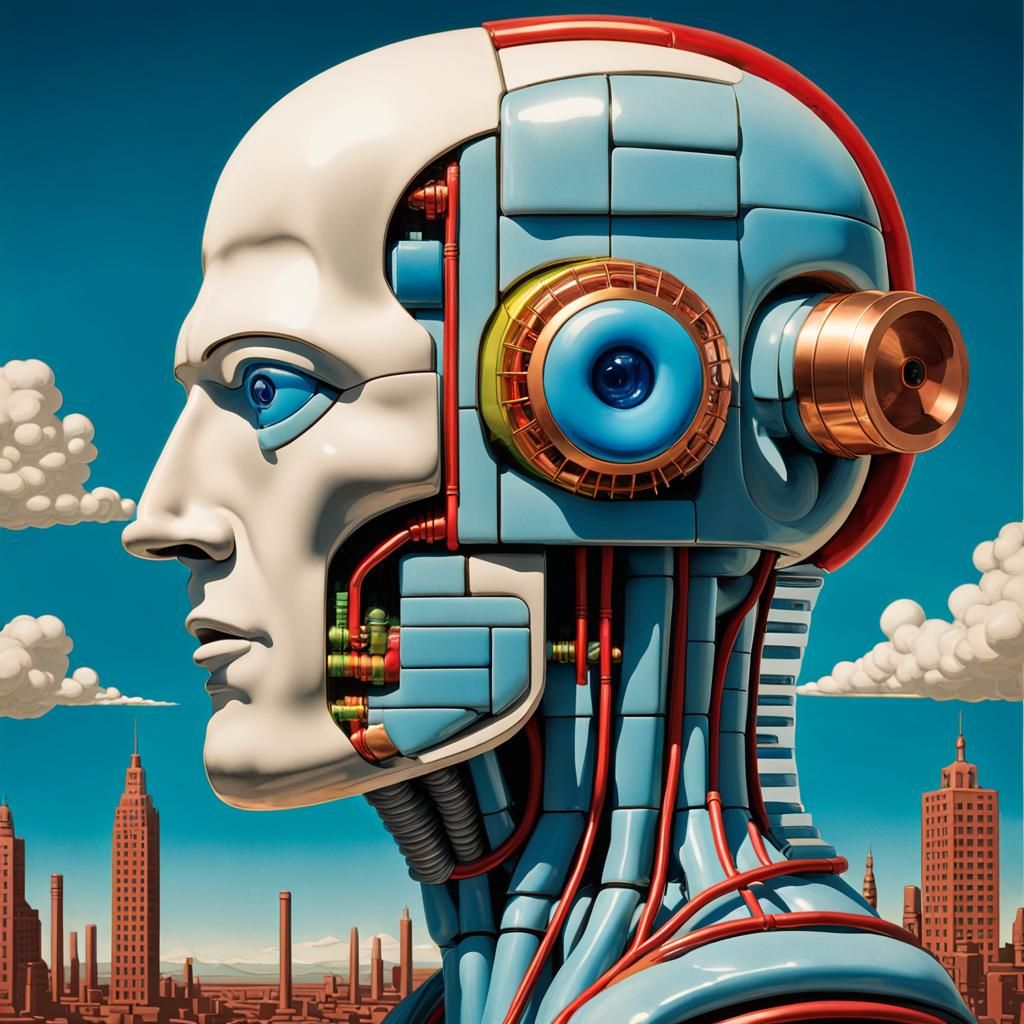 Glass Cyborg with Visible Robotics in Retro Sci-Fi Style