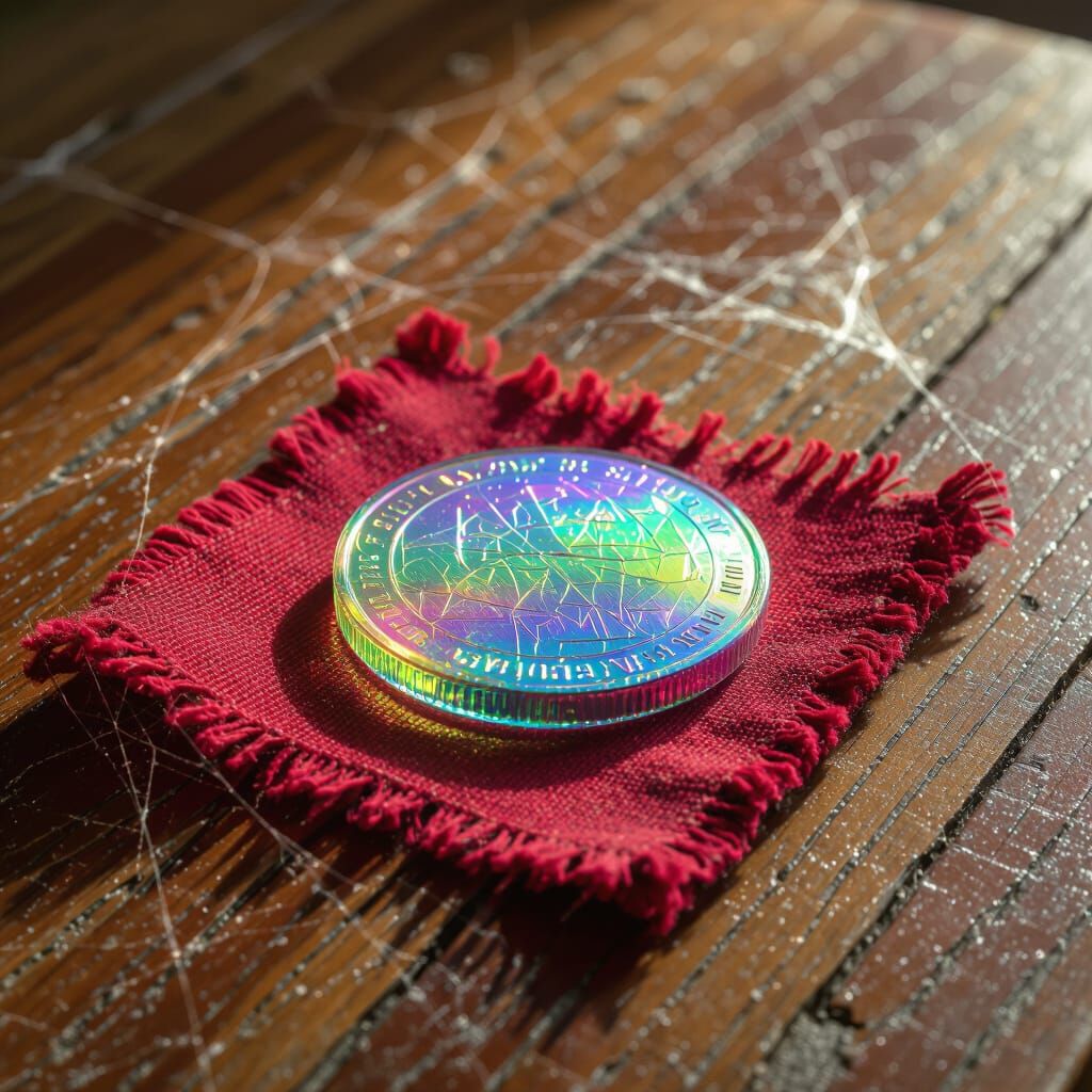 Iridescent Glass Coin on Faded Linen, Cinematic Detail