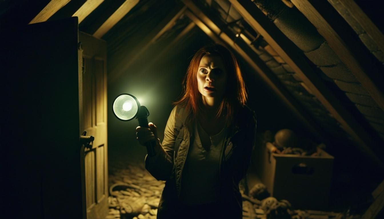 Woman Exploring Creepy Attic in Horror Film Style