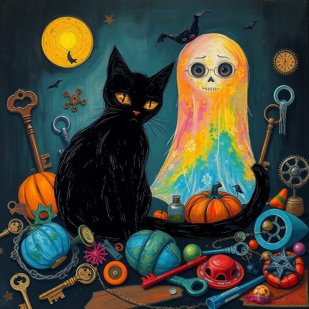 Surreal Black Cat Rayograph in Dreamlike Halloween Scene