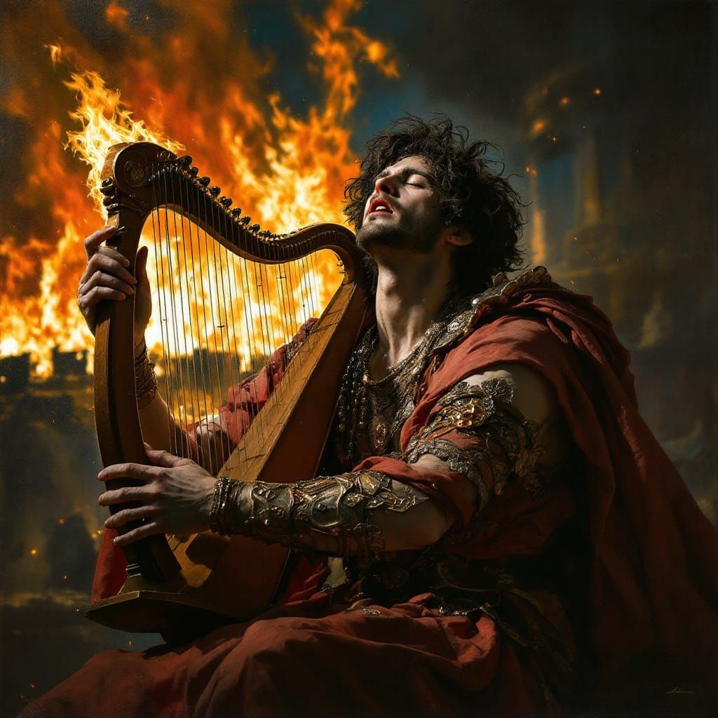 Nero's Lyre: Dramatic Oil Painting of Burning Rome