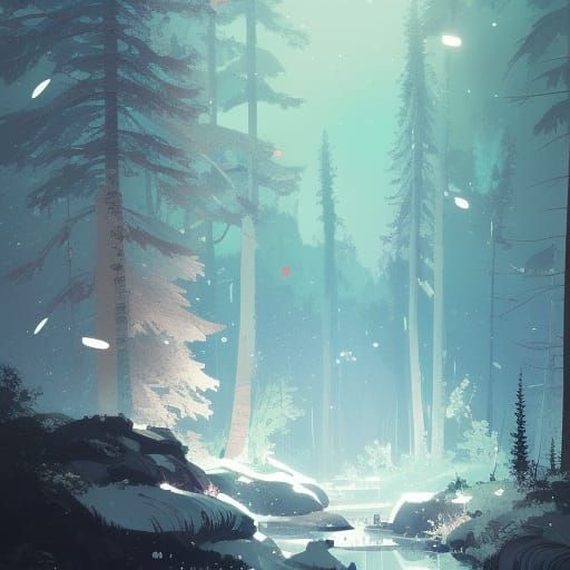 Snowy Mountain Creek under Starry Sky in Anime Style