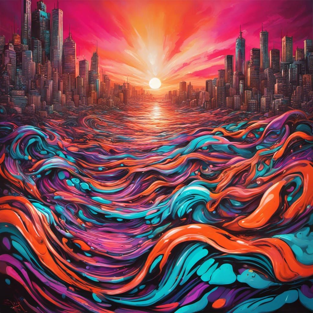 Neon Waves Under Copper Sky Graffiti Art