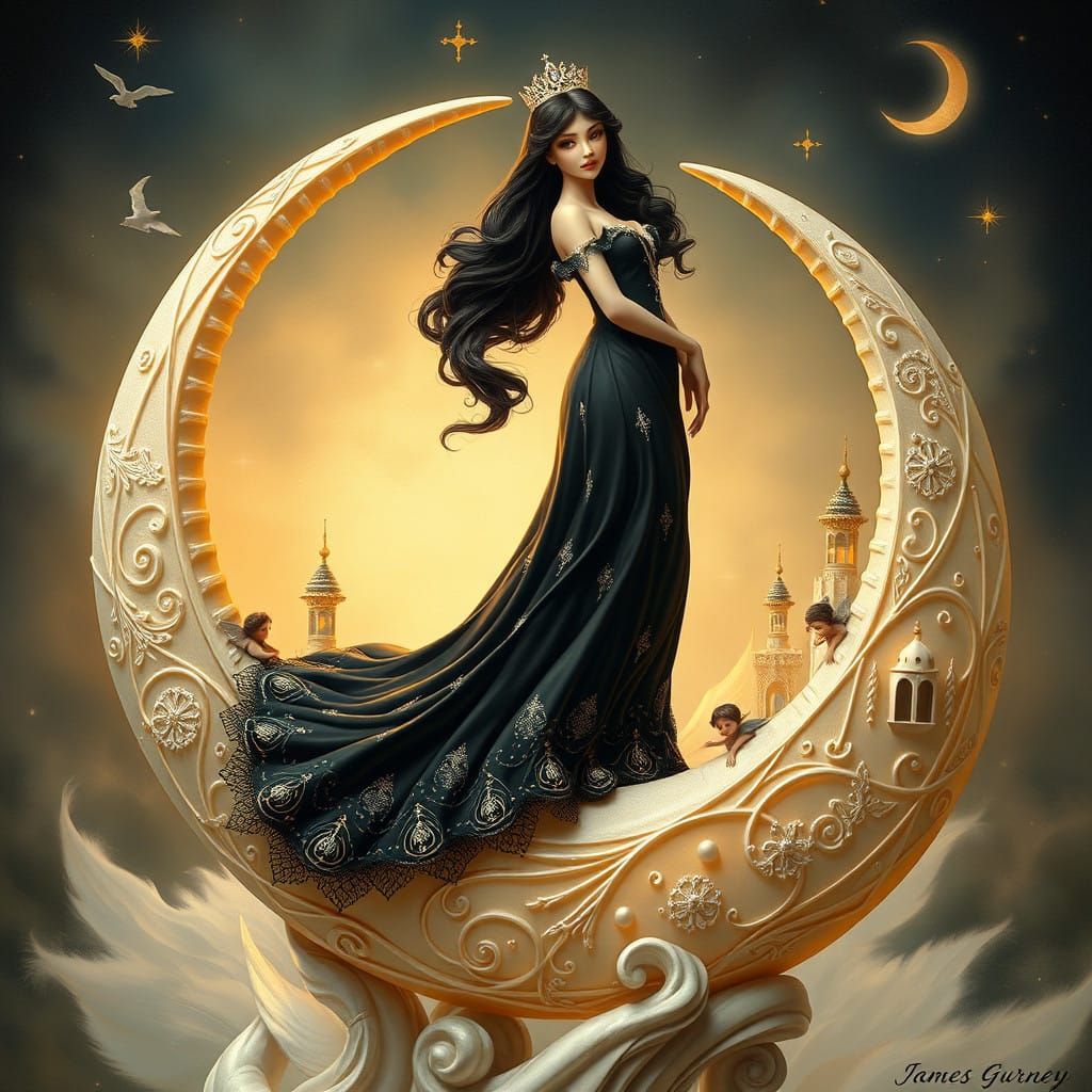 Majestic Princess Standing on Crescent Moon with Whimsical L...