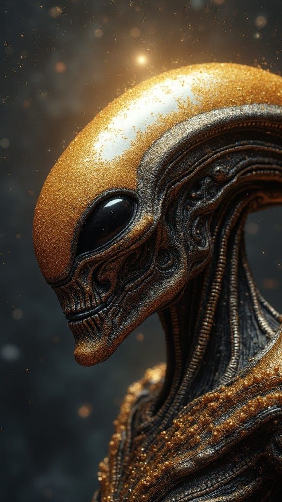 Ethereal Alien Visage with Saturn Background