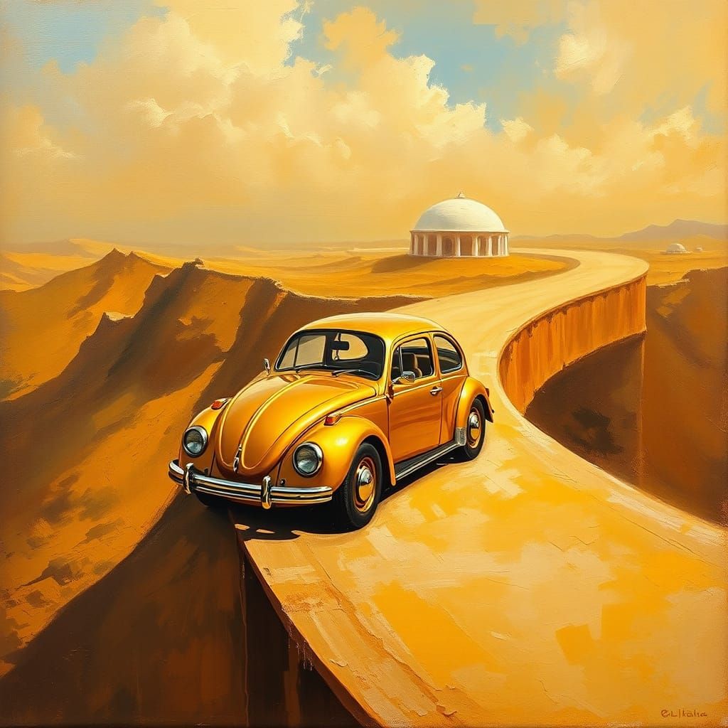 Vintage VW Beetle on Golden Bridge: Old Masters Style