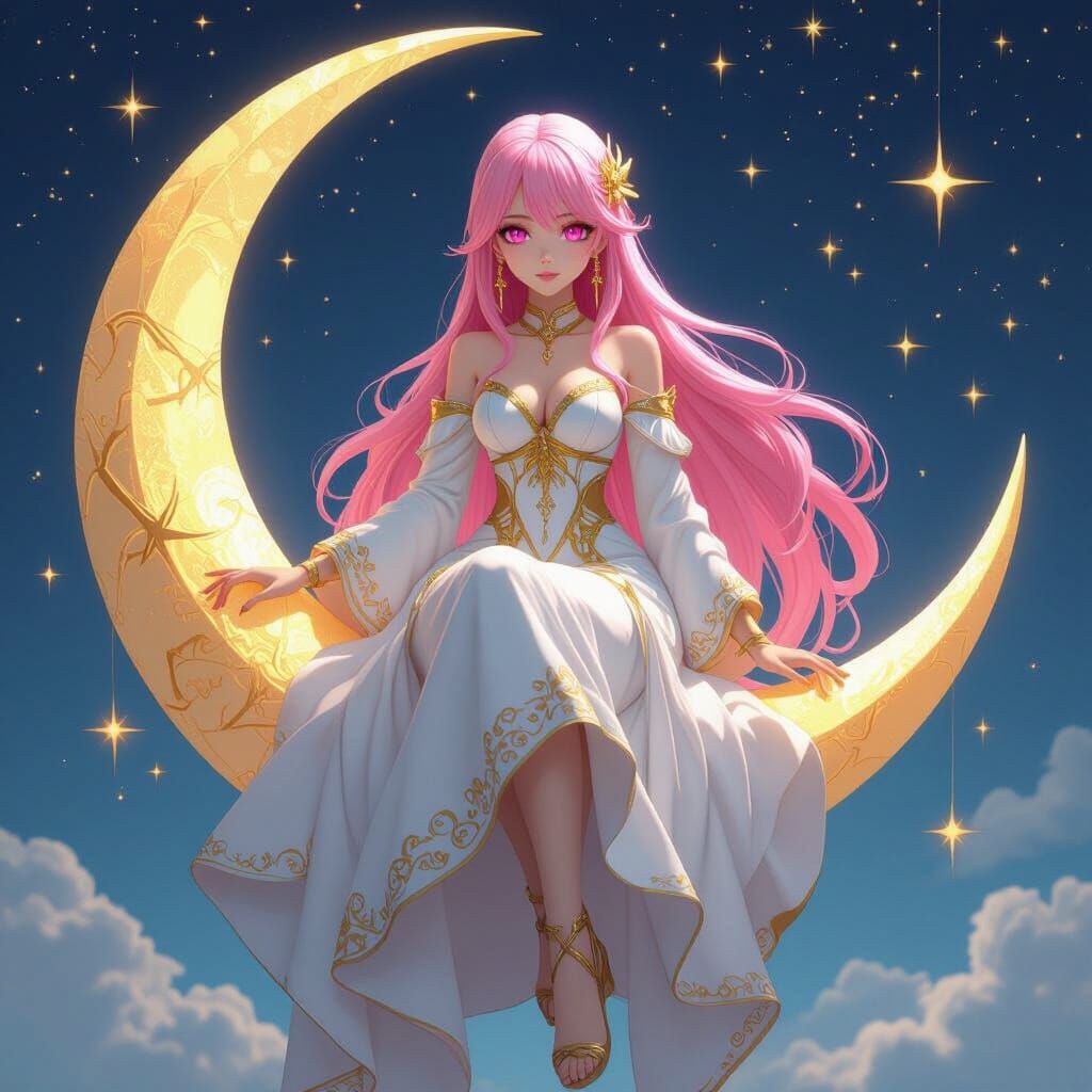 Pink-Haired Goddess on Crescent Moon in Anime Art