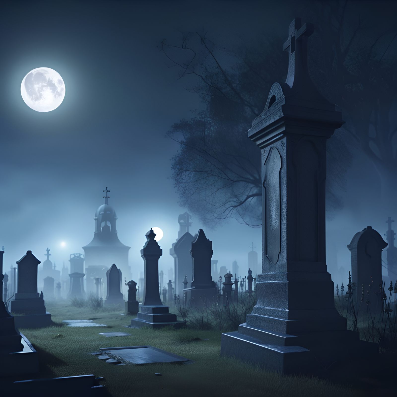 Foggy Cemetery with Moon: Matte Painting Style
