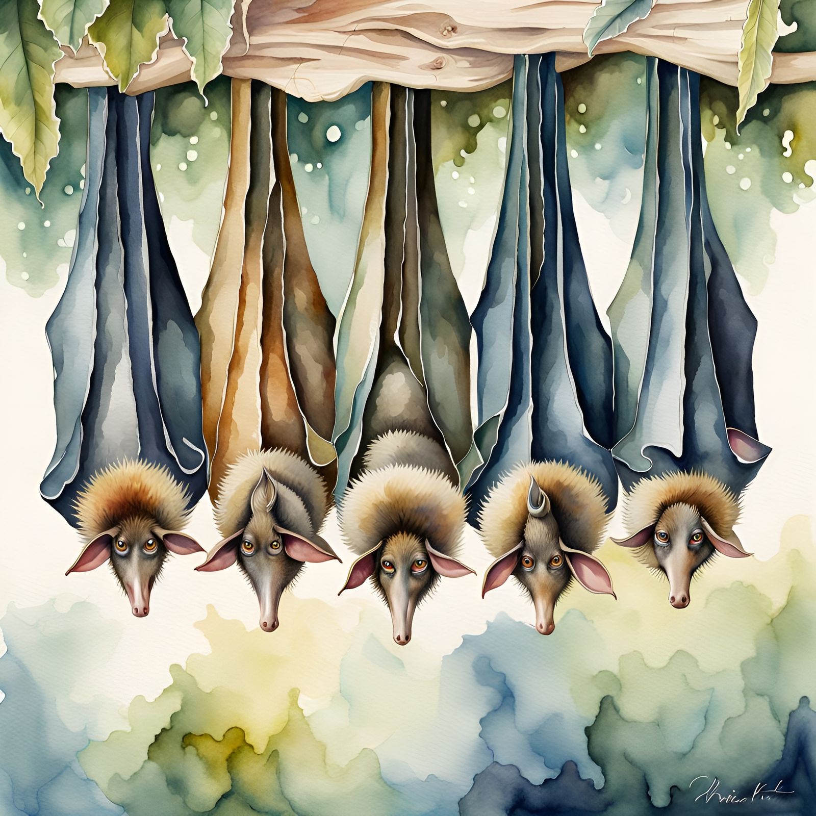 Sleeping Bats in Whimsical Watercolor Style