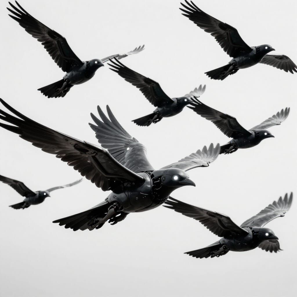 Sleek Robotic Birds Soar in Monochromatic Sky