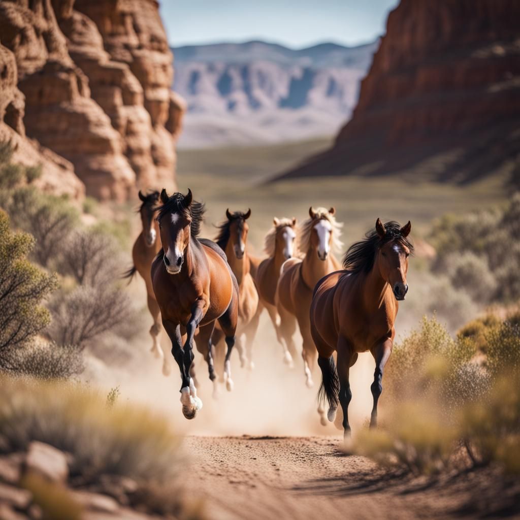 Wild Horses Running Through Desert Canyon