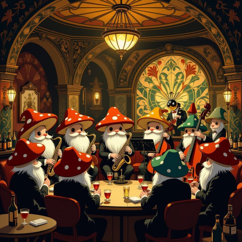 Mushroom Figures in Underground Speakeasy, Vintage Illustrat...