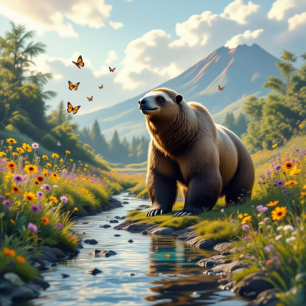 Hyperrealistic Ground Sloth in Prehistoric Meadow