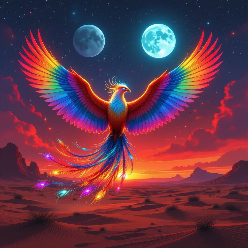 Rainbow Phoenix Rises from Alien Desert Under Twin Moons