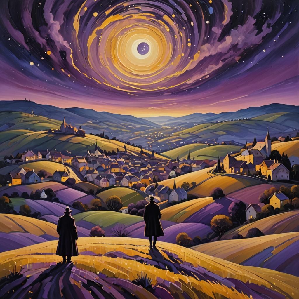 Dreamlike Village Under Swirling Starry Night Sky