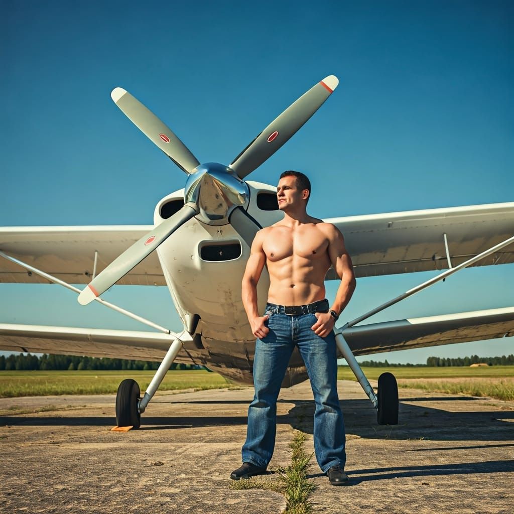 Shirtless Pilot in Front of Civilian Plane